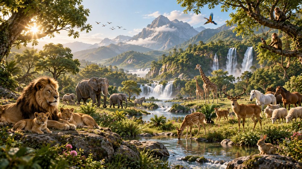 Animals gathered peacefully in a lush valley on the sixth day of creation