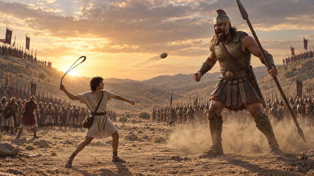 Young David swings his sling as Goliath towers over the battlefield