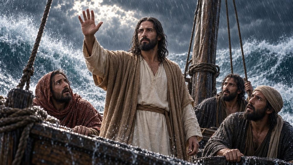 Jesus raises his hand to calm the storm as the disciples cling to the boat