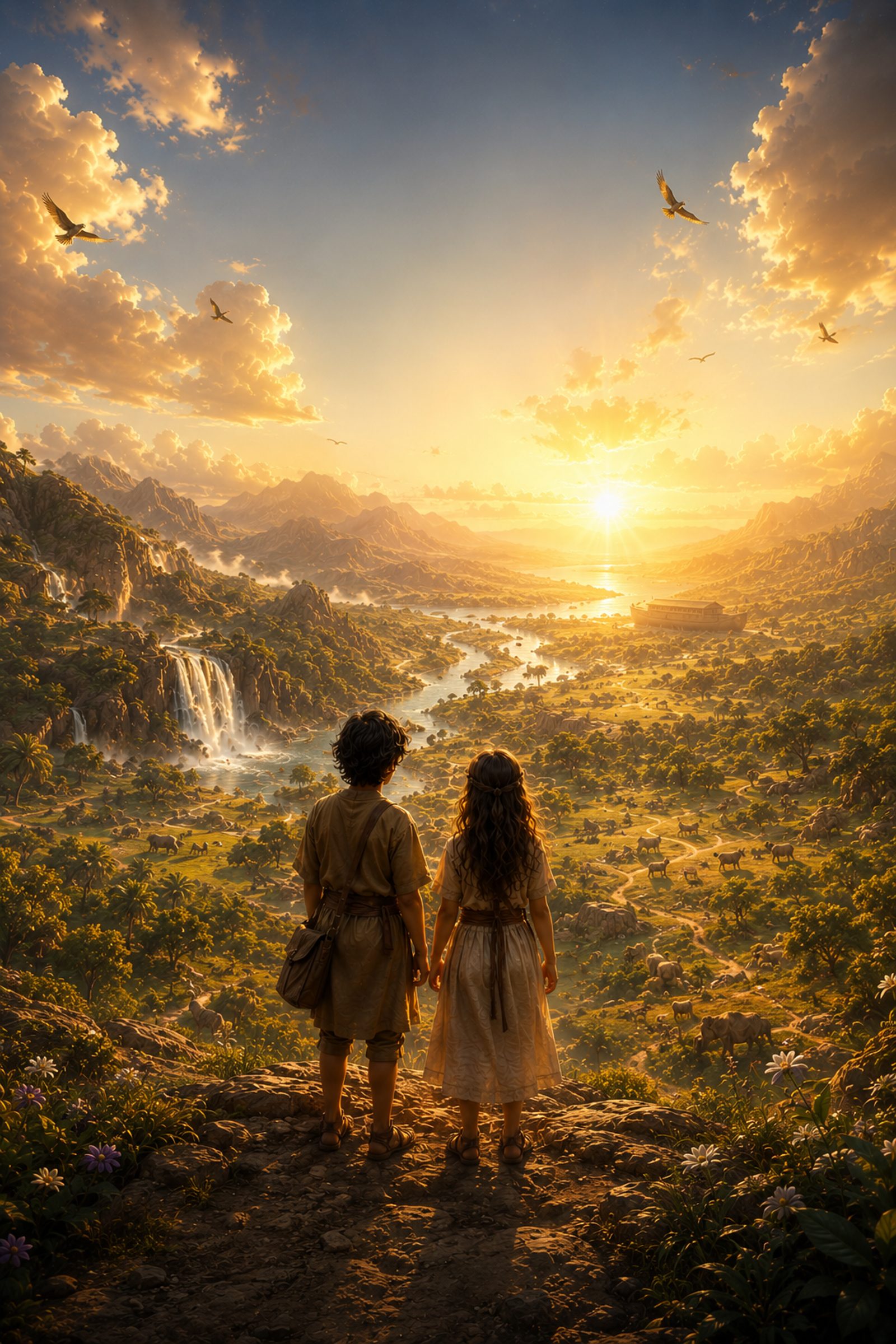A boy and girl stand at the edge of a glowing biblical landscape, ready to begin the journey