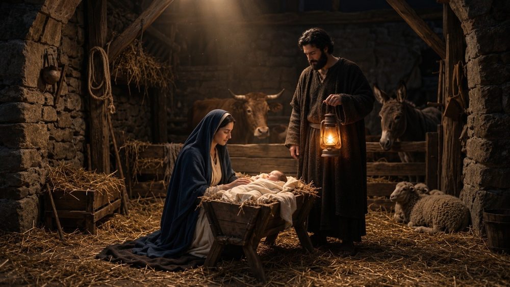 Mary holds the newborn Jesus in the stable while the wise men bring gifts